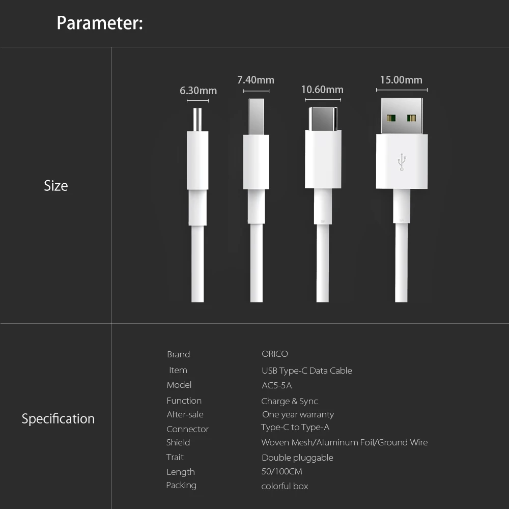 USB Type C кабель ORICO 5 А высокоскоростной usb-кабель для синхронизации и зарядки Huawei P9