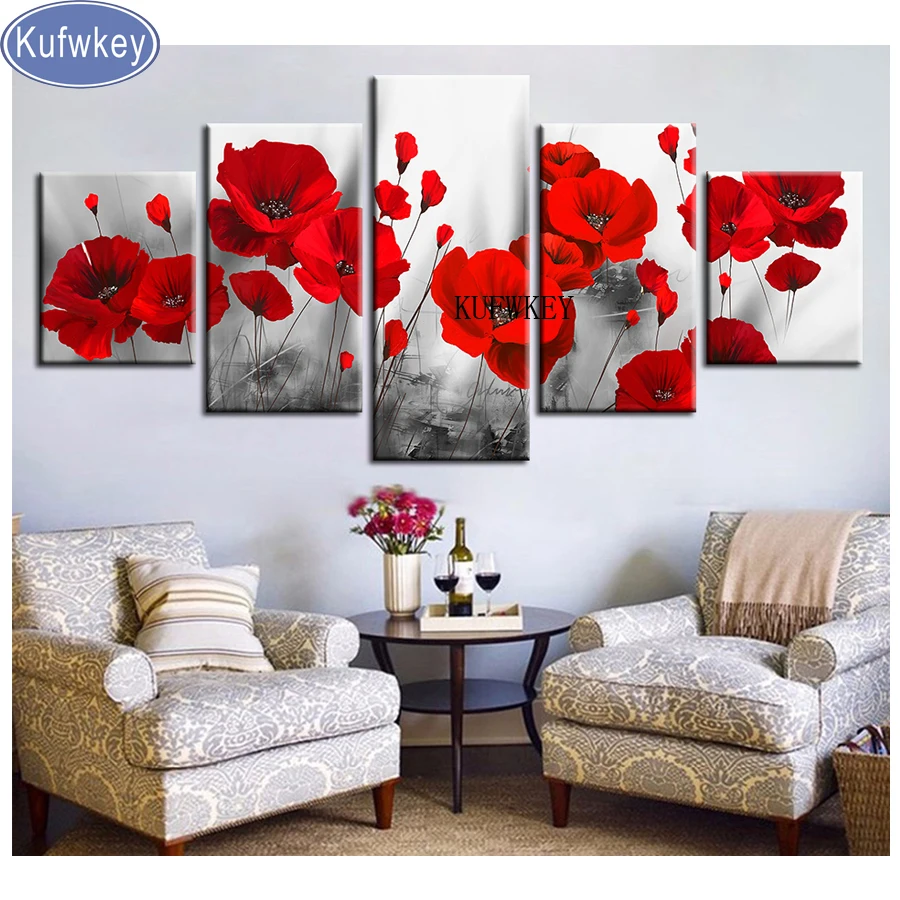 

Алмазная вышивка, картина из 5 частей, квадратный, красный цветок