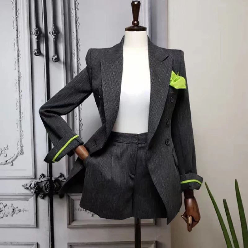 Office Ladies 2 Pieces Set Women Pant Suit Hit Color Blazer Jacket & High Waist Shorts Female Short Suits 2019 Workwear Женская