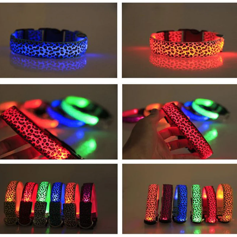 Светодиод для домашних собак светящийся ошейник Леопардовый нейлон ночной