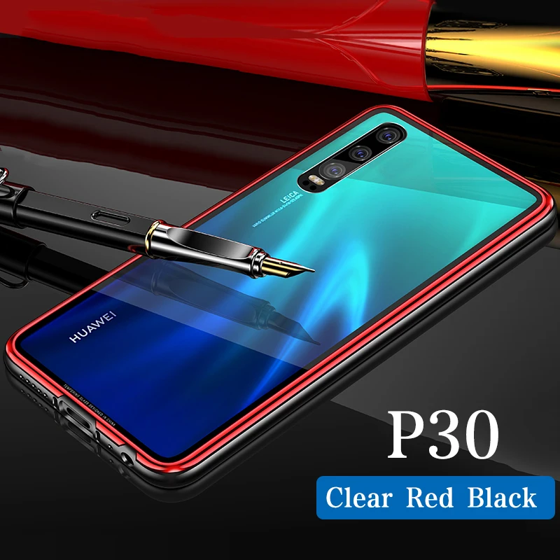 P30 Clear Red Black Металлический бампер+ закаленное Стекло задний чехол КРЫШКА ДЛЯ huawei P30 P30 Pro Роскошная плакированная сплав Frame твёрдый Гладкий Стекло P30pro - Цвет: P30 Clear Red Black