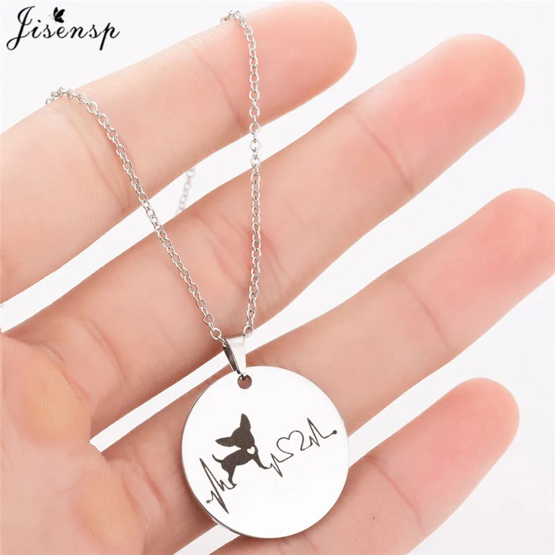 Jisensp Stainless Steel Chihuahua Dog Pendant Necklace for Girls Fashion Jewelry Heartbeat Necklaces Women Charm Choker | Украшения и