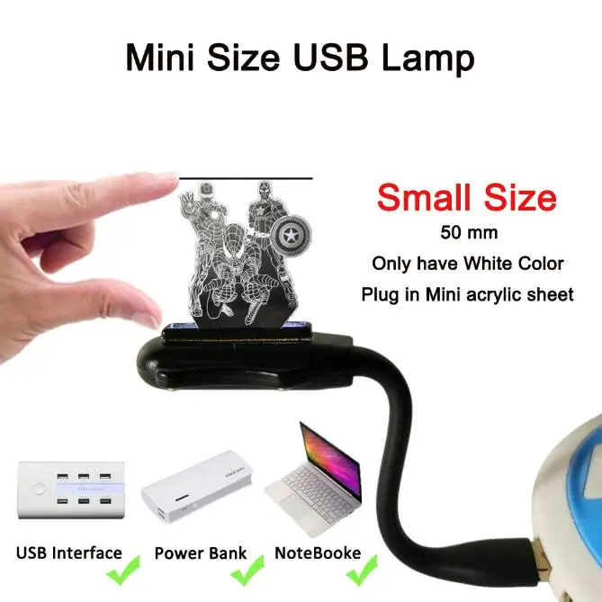 Mini USB Lamp С рисунком «мстители» от Marvel Comics Железный человек Человек-паук Капитан Америка 3D светодиодный ночной Светильник детские игрушки Рождественский подарок настольная лампа Украшения в спальню - Испускаемый цвет: Mini USB Lamp