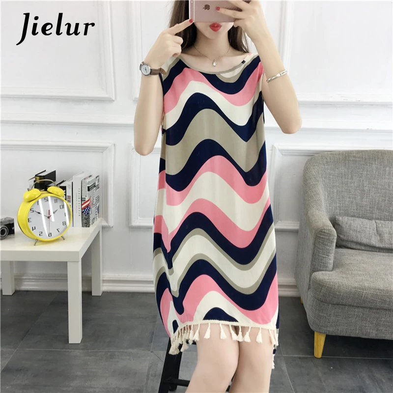 Jielur 2018 модный принт платья без рукавов Летнее женское платье повседневное Boho