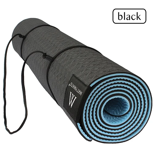 BLACK Matymats TPE коврик для йоги нескользящий двухслойный с регулируемым ремешком здоровый для похудения для йоги 6 мм 183 см и 61 см - Цвет: BLACK