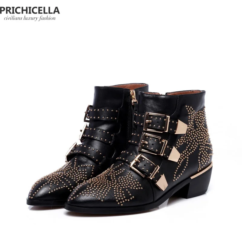 PRICHICELLA/женские ботильоны из натуральной кожи с золотистыми шипами и ремешком; ботинки-гладиаторы на низком каблуке с шипами