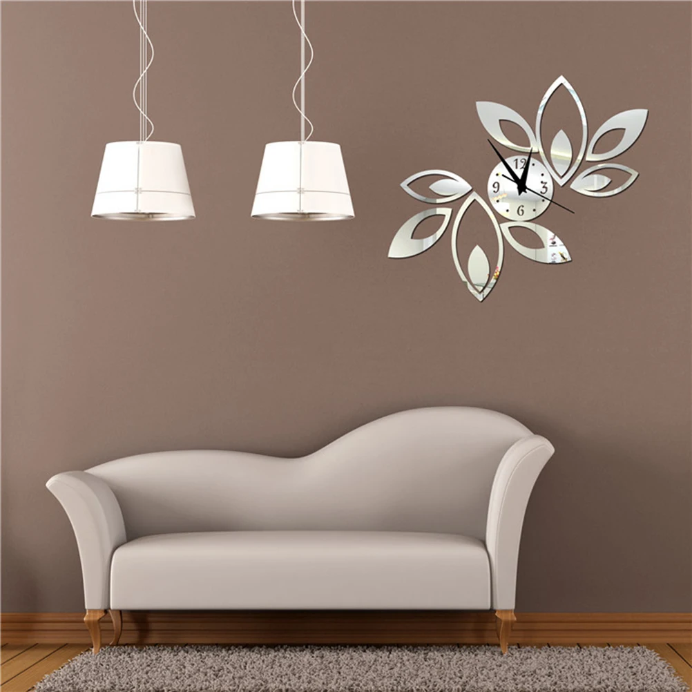 OULII Mirror Wall Clock Rhombus Leaves Sticker Decoration | Дом и сад