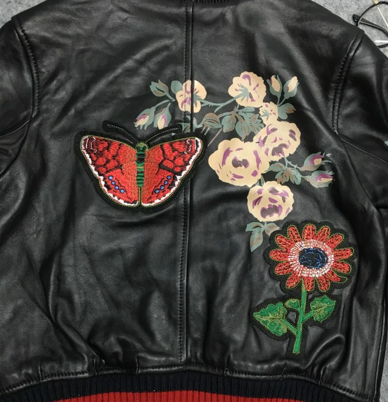 Женская куртка бомбер из натуральной кожи с вышивкой весна осень 2019|Кожаные