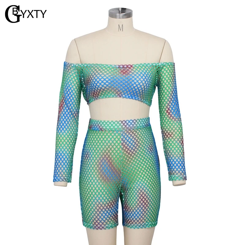 GBYXTY Tie Dye Print Fishnet Shorts Set Summer Beach Outfit Women Off Shoulder Long Sleeve Crop Top and 2 Piece ZL359 |