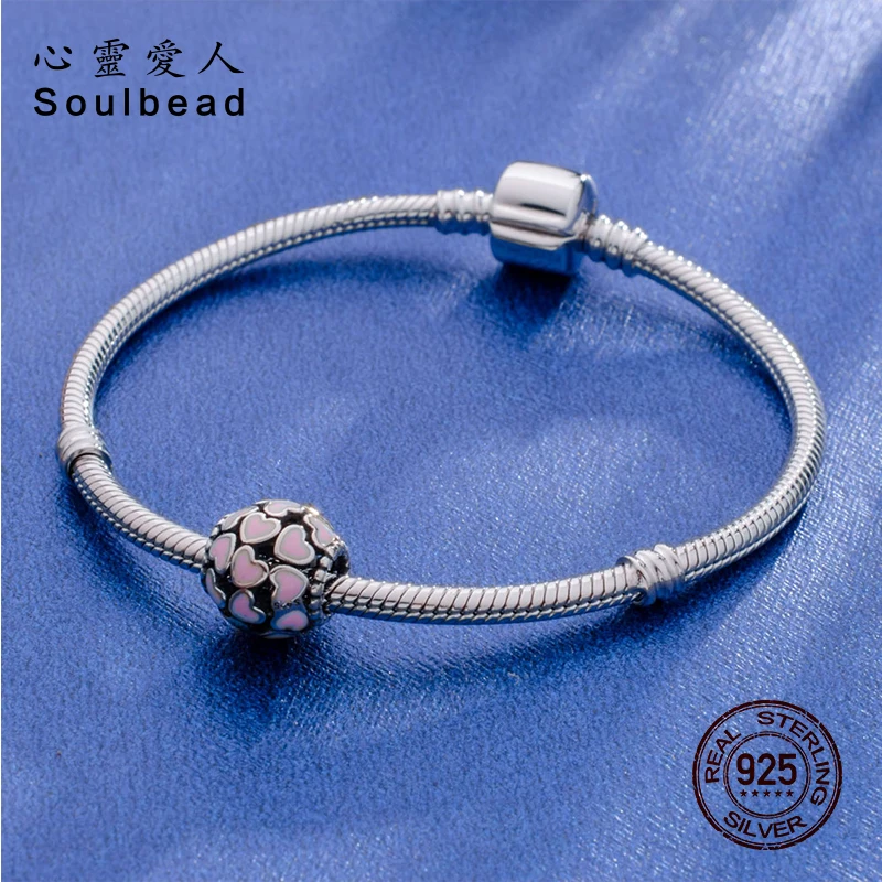 Soulbead Pink Charms Love 925 Original Gold Tone Beads with Enamel Heart Fit European Charm Bracelet Girlfriend Gift | Украшения и
