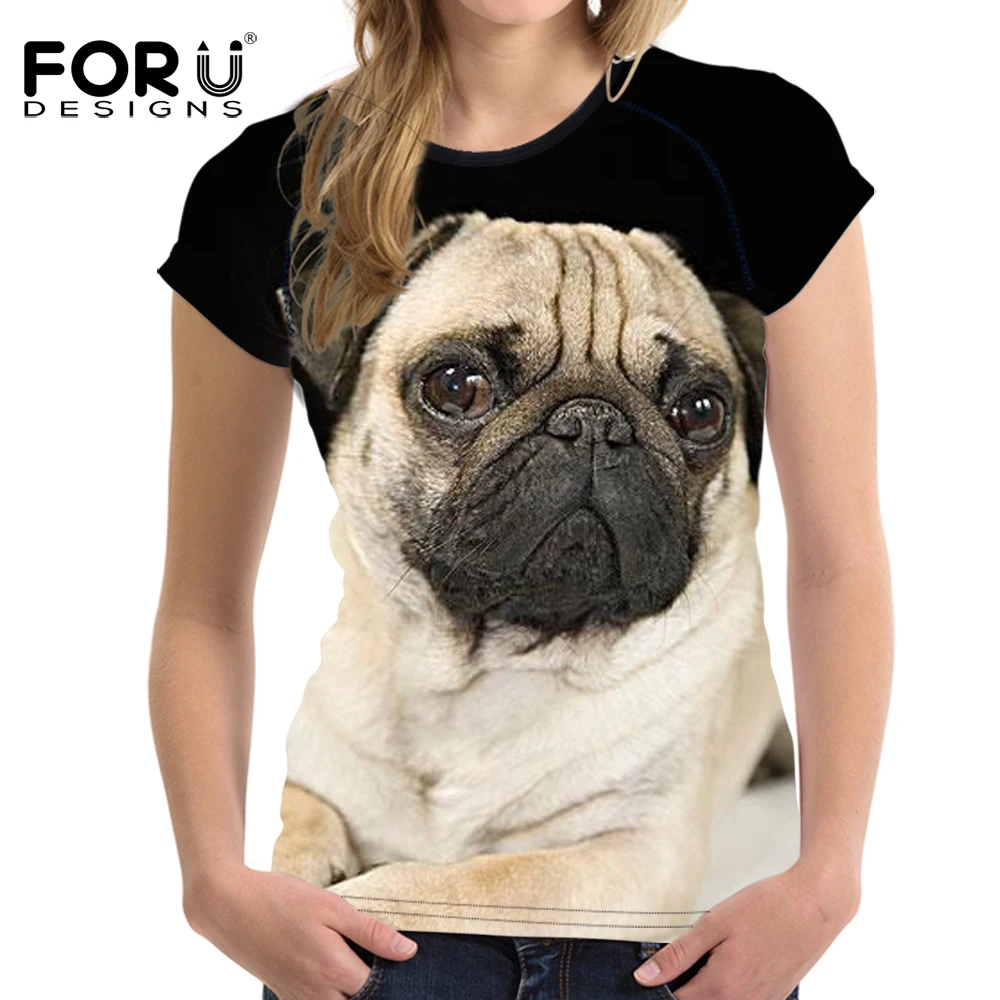 FORUDESIGNS/серый 3D мопс, собака, животные, женские топы, футболка Летняя Повседневная рубашка с короткими рукавами женская тонкая Бодибилдинг женская одежда