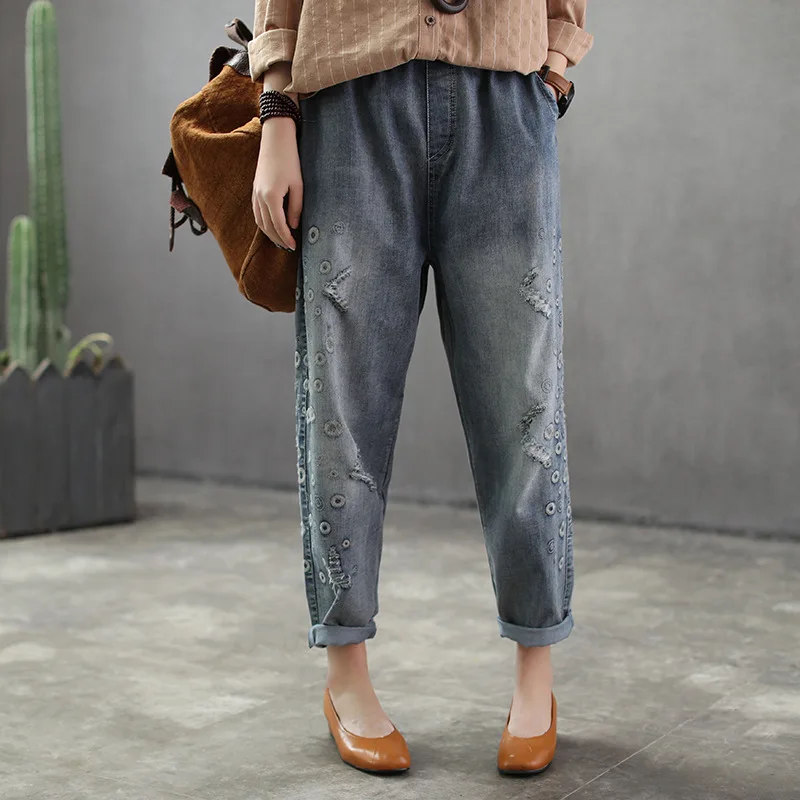 Spring Jeans Loose Elastic Waist Casual Women Denim Pants 2019 New Female Embroidery pocket hole Vintage Trousers |