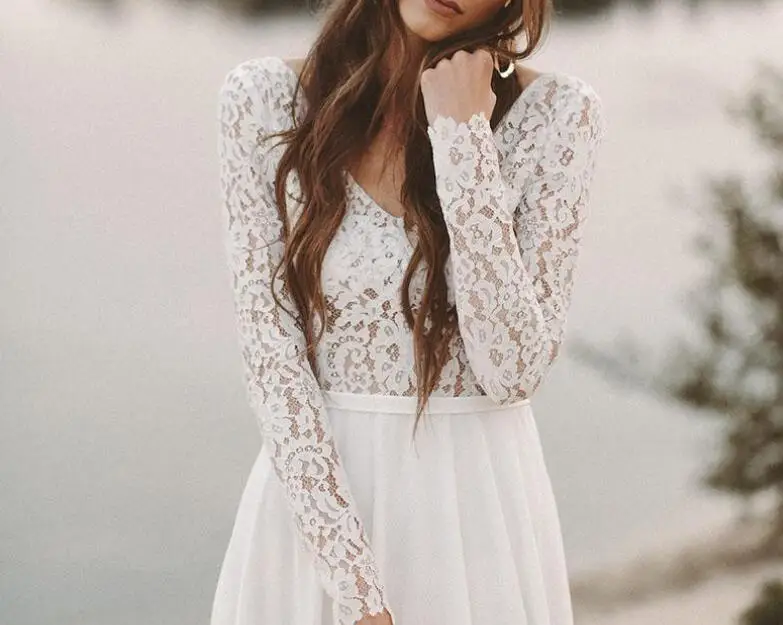 Beach Boho Wedding Dresses V Neck Backless Floor Length Chiffon A Line Applique Long Sleeve Bridal Gown Vestido | Свадьбы и