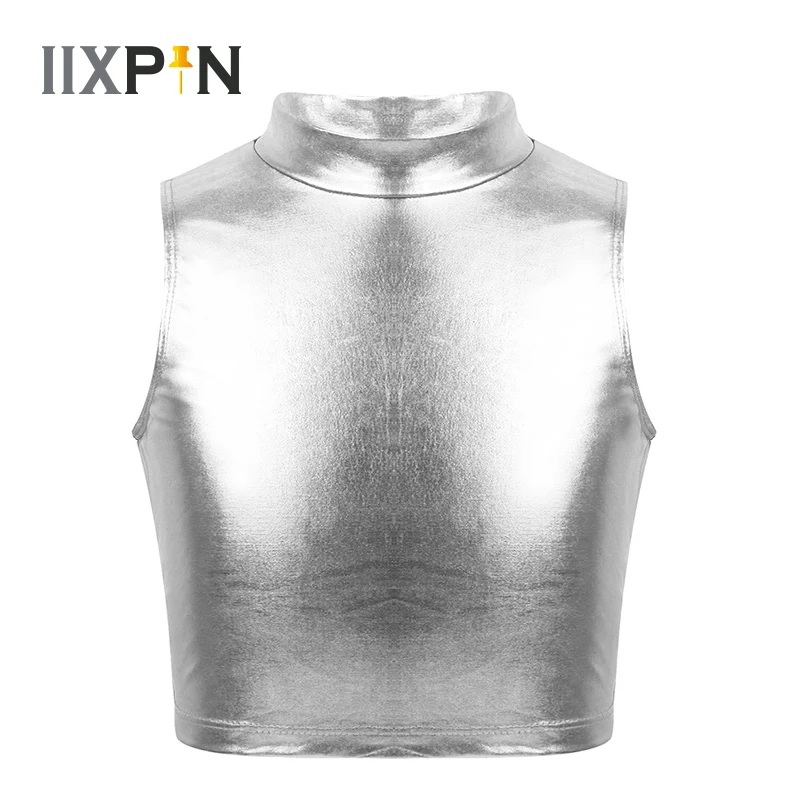 

Kids Girls Ballet Leotards ballerina Metallic Sleeveless Turtleneck Crop Tank Tops for Ballet Dance Costumes Stage Performance