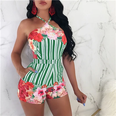 Adogirl цветочный принт полосатые модные сексуальные женские костюмы Холтер с открытой спиной летние шорты комбинезон Женская пляжная одежда Клубные Комбинезоны - Цвет: green