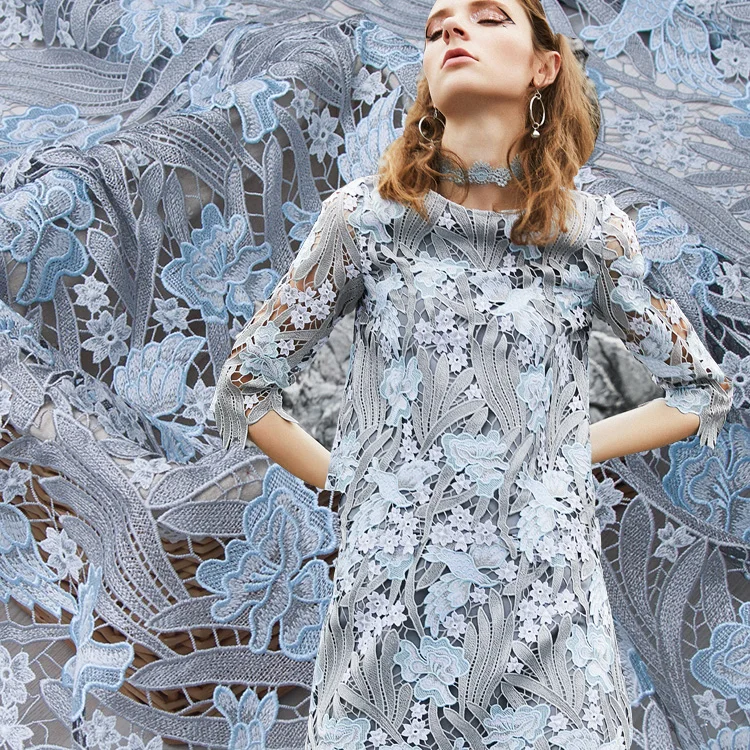 Синий 3D перо пряжа кружевная ткань сетка водорастворимое кружево вышивка ткань для свадебного платья DIY 1 заказ = 0,5 метра
