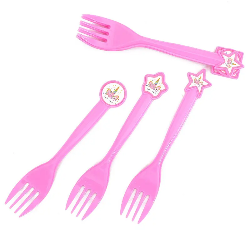 6PCS Fork Вечерние одноразовые столовые приборы с единорогом для детского праздника, украшения для дня рождения, детские чашки+ тарелка+ скатерть+ подарочный пакет, вечерние принадлежности - Цвет: 6PCS Fork