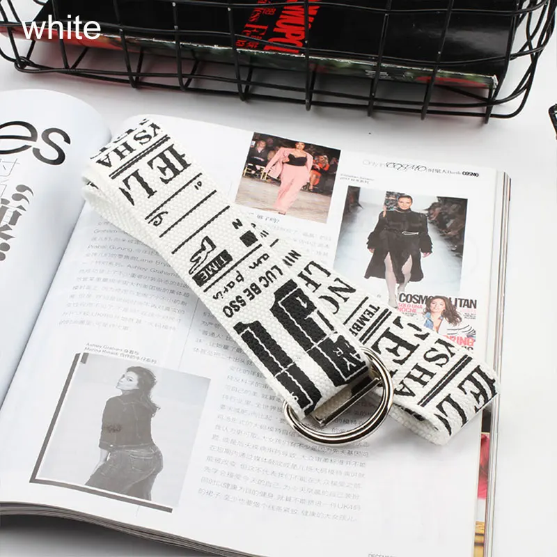 Белый Fashion Long Canvas Belt For Unisex Literary Wind Letter Print Belts Trend Student Harajuku Wild Jeans Belt Double D Ring Belts - Цвет: Белый