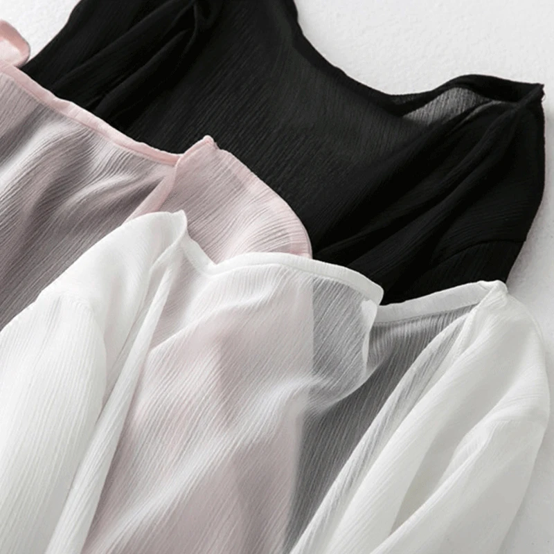 

summer new Chiffon Shirts women Beach Style Large size Long Sleeve Thin Tops Solid color Casual V-Neck Shirts Women's clothing