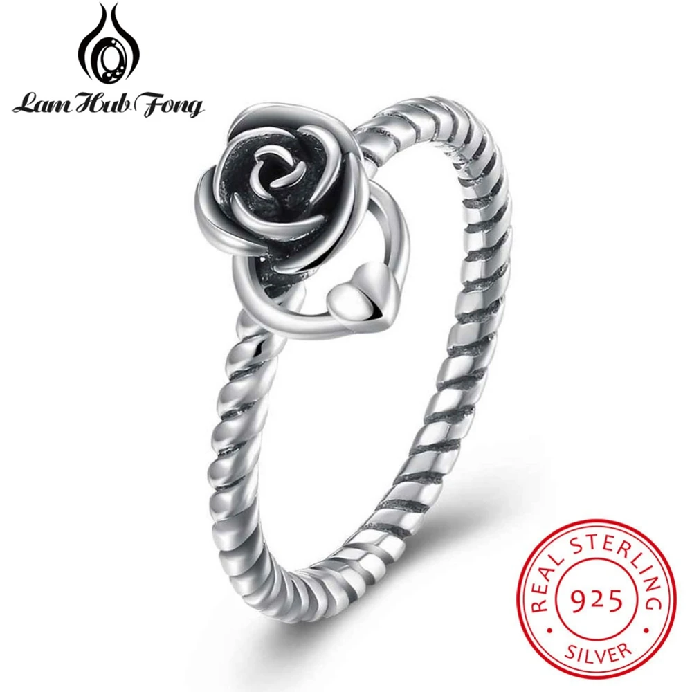 

Vintage 925 Sterling Silver Women Rings Rose Flower Heart Ring Fine Jewelry Wedding Engagement Party Gifts (Lam Hub Fong)