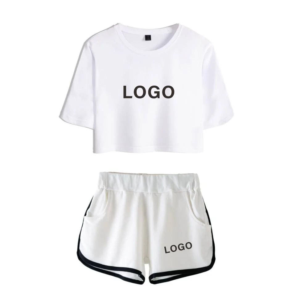 white 2 Custom Logo Дропшиппинг DIY Пользовательский логотип комплект из двух предметов женский хлопковый укороченный топ и шорты Kpop сексуальный пупок укороченная футболка костюм Лето - Цвет: white 2 Custom Logo