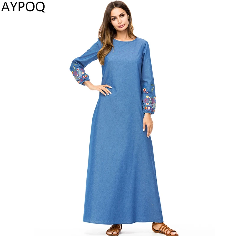 Vintage Fall Women Long Sleeve Jean Dress Muslim Dubai Abaya Corban Jalabiya Islamic Eid Denim Party Embroidery Robe longue |