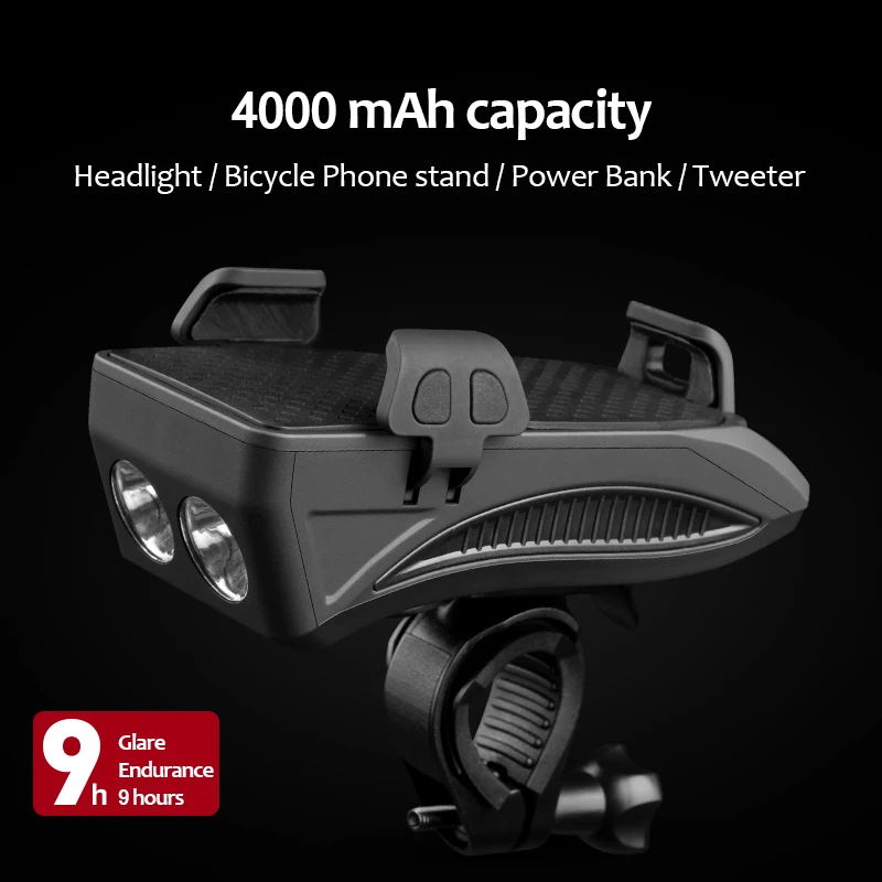 Black 4000mAh Многофункциональный светодиодный фонарь для велосипеда USB Перезаряжаемый велосипедный фонарь с держателем для телефона велосипедный Рог подсветка 2000/4000mAh power Bank - Цвет: Black 4000mAh