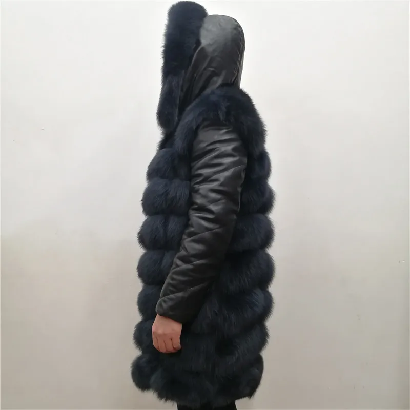 Женская меховая куртка с капюшоном толстая зимняя из натурального Лисьего меха и
