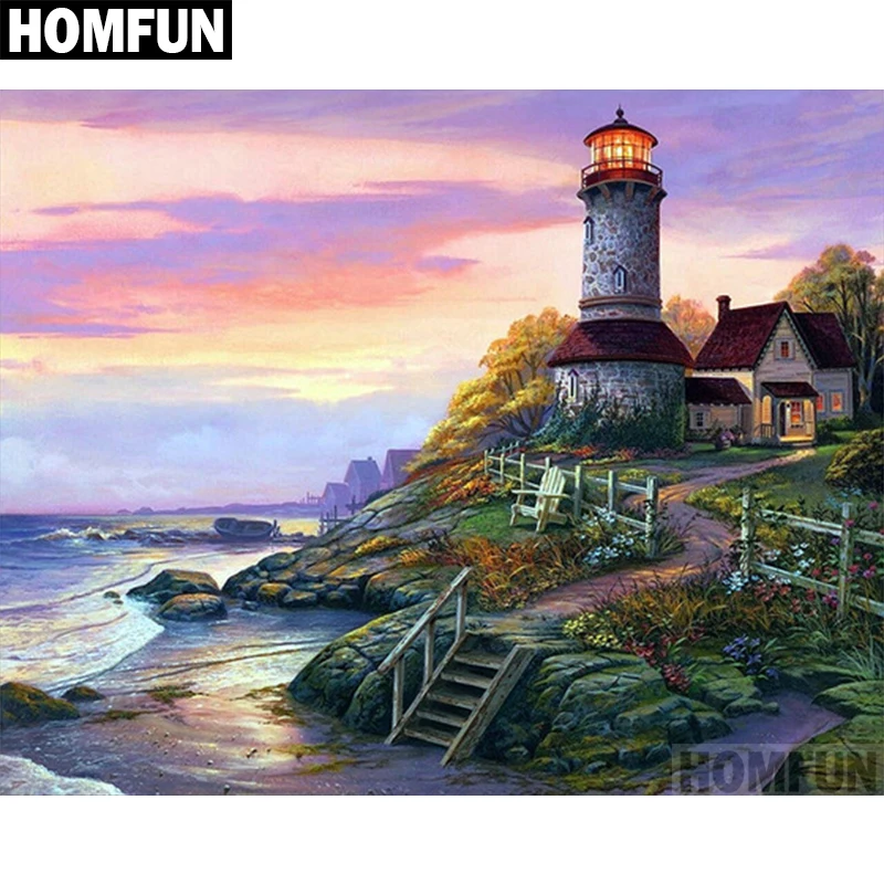 

HOMFUN Full Square/Round Drill 5D DIY Diamond Painting "Ocean Lighthouse" Embroidery Cross Stitch 5D Home Decor Gift A06057