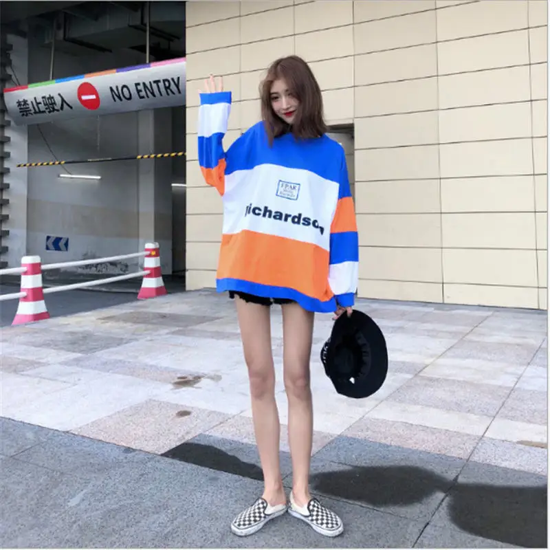 2018 популярная Футболка женская Свободная Лоскутная футболка с круглым вырезом