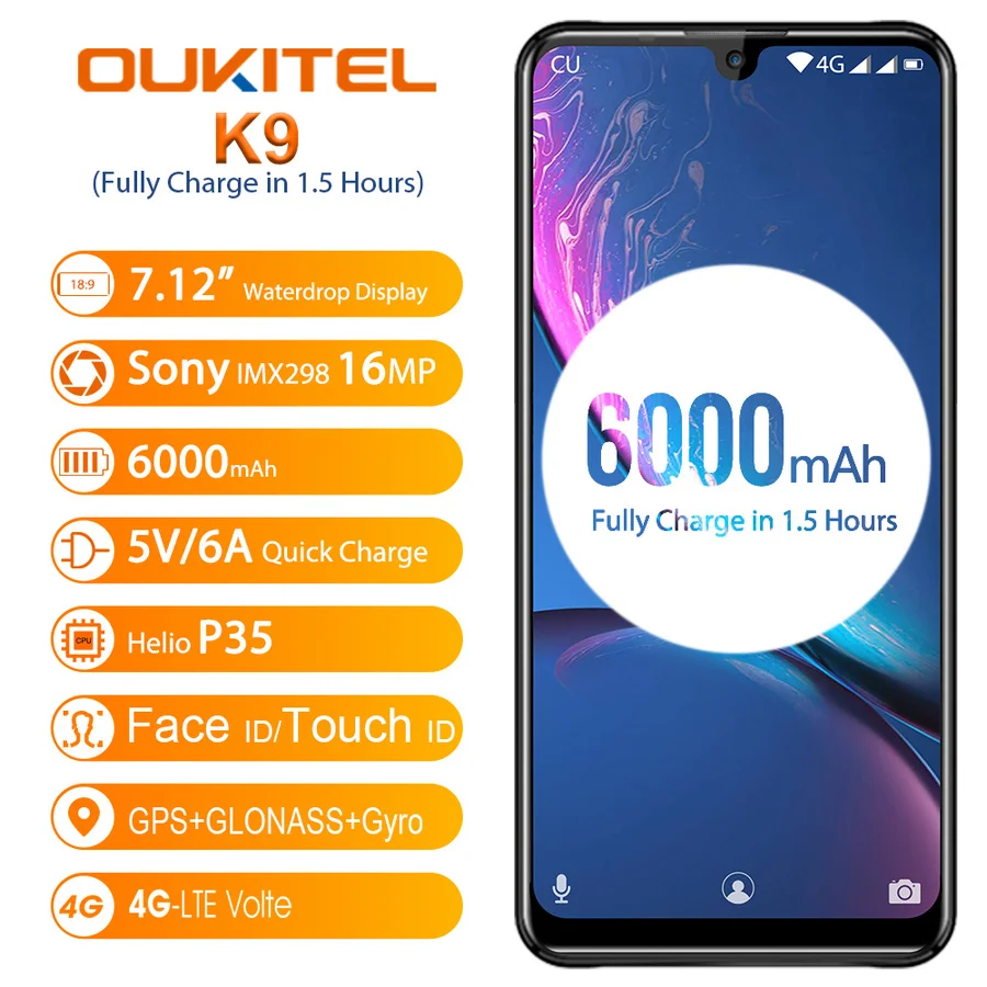 OUKITEL K9 водонепроницаемый 7 12 "FHD + 1080*2244 16MP 2MP/8MP смартфон 4 Гб 64 Face ID 6000 мАч 5В/6A