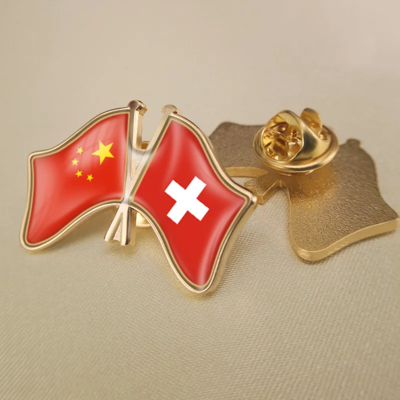 

China and Switzerland Crossed Double Friendship Flags Lapel Pins Brooch Badges