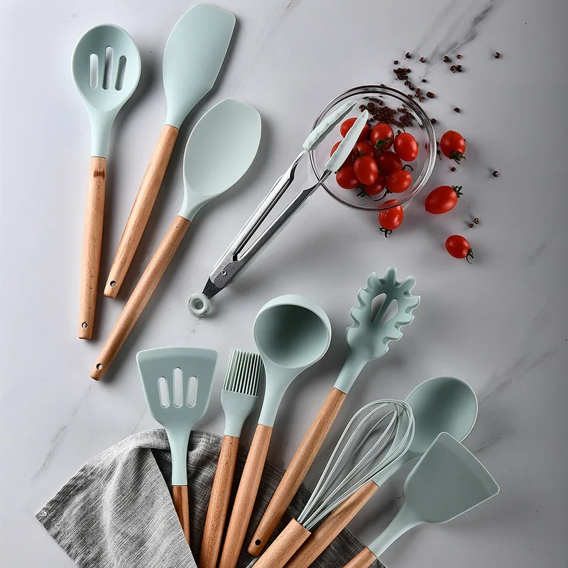 New 11 Style Green Silicone Kitchen Utensil Set Wooden Handle Nonstick Utensils Cooking Tools Heat-resistant Soup Spoon Spatula | Дом и сад