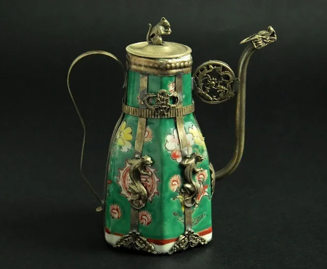 

Metal Crafts Antique Imitation tibet-silver carving green Porcelain tea pot/bottle 03