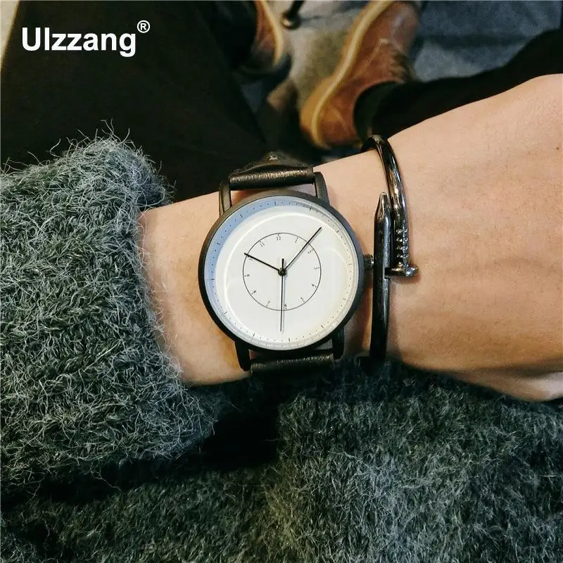 Простые винтажные черные коричневые кожаные кварцевые наручные часы в