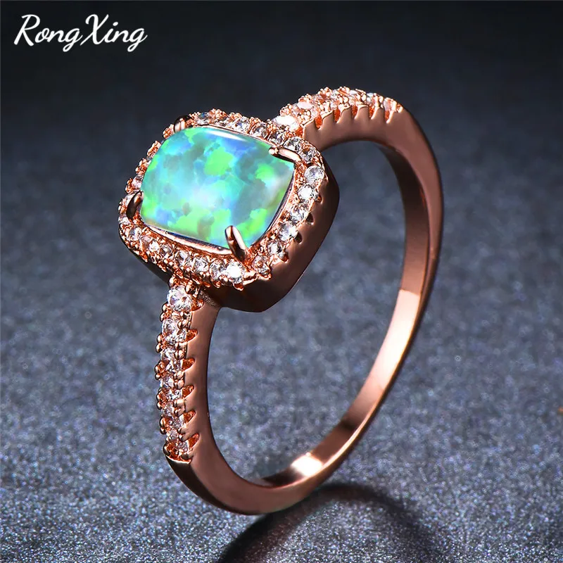 RongXing Blue/Green/White Fire Opal Square Rings For Women Rose Gold Filled Rainbow Stone Zircon Birthstone Ring Jewelry RR0090 | Украшения