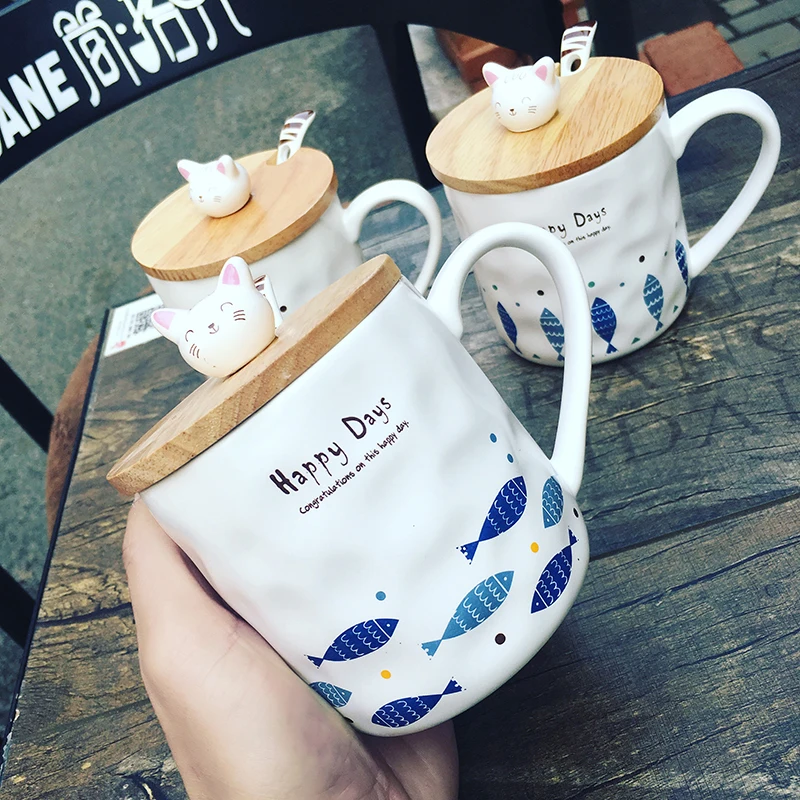 Творческий Gatos и рыбы Marks керамические Tazas мультфильм Комплект завтрак молока
