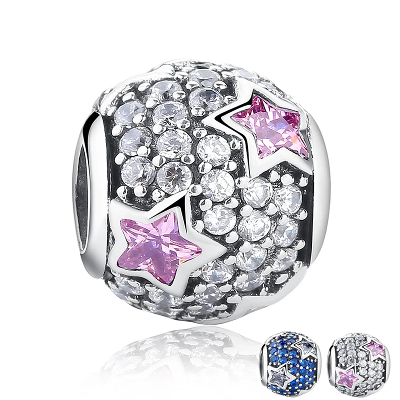 100% 925 Sterling Tibet Silver Soild Round Blue &amp Pink Rhinestone Star Bead Fit European Bracelet Authentic Luxury DIY Jewelry |
