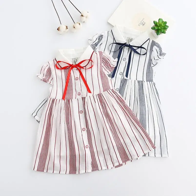 2017 Девочка Хлопок Полосатый Лук Летние Платья Для Девочек Принцессы дети