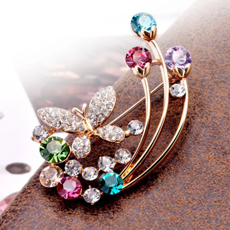 Мода 2017 г. Кристалл Бабочка Женщины Броши Модные животных Женские цветочные