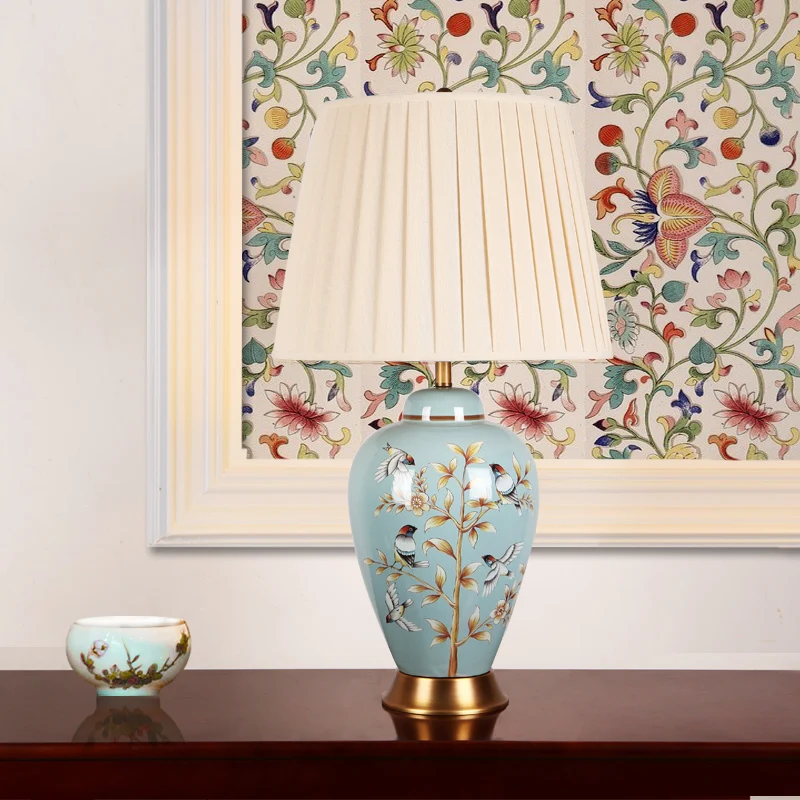 

High End Retro Elegant Chinese Hand Painted Ceramic Fabric E27 Dimmerable Table Lamp For Living Room Bedroom H 60/70cm 1080