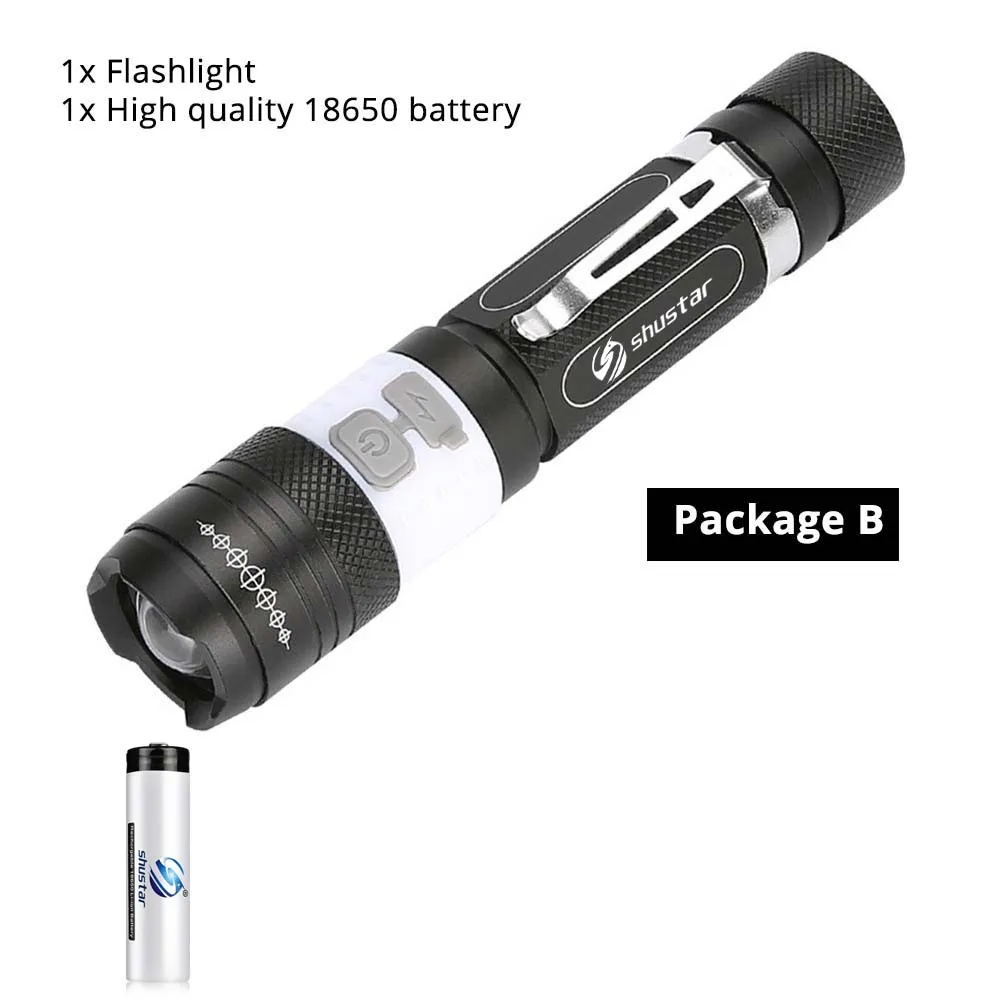 Package B Светодиодный фонарик с зарядкой от USB, супер яркий, водонепроницаемый, Sidelight, 6 режимов, многофункциональный фонарь, поддержка зума, аккумулятор 18650 - Испускаемый цвет: Package B
