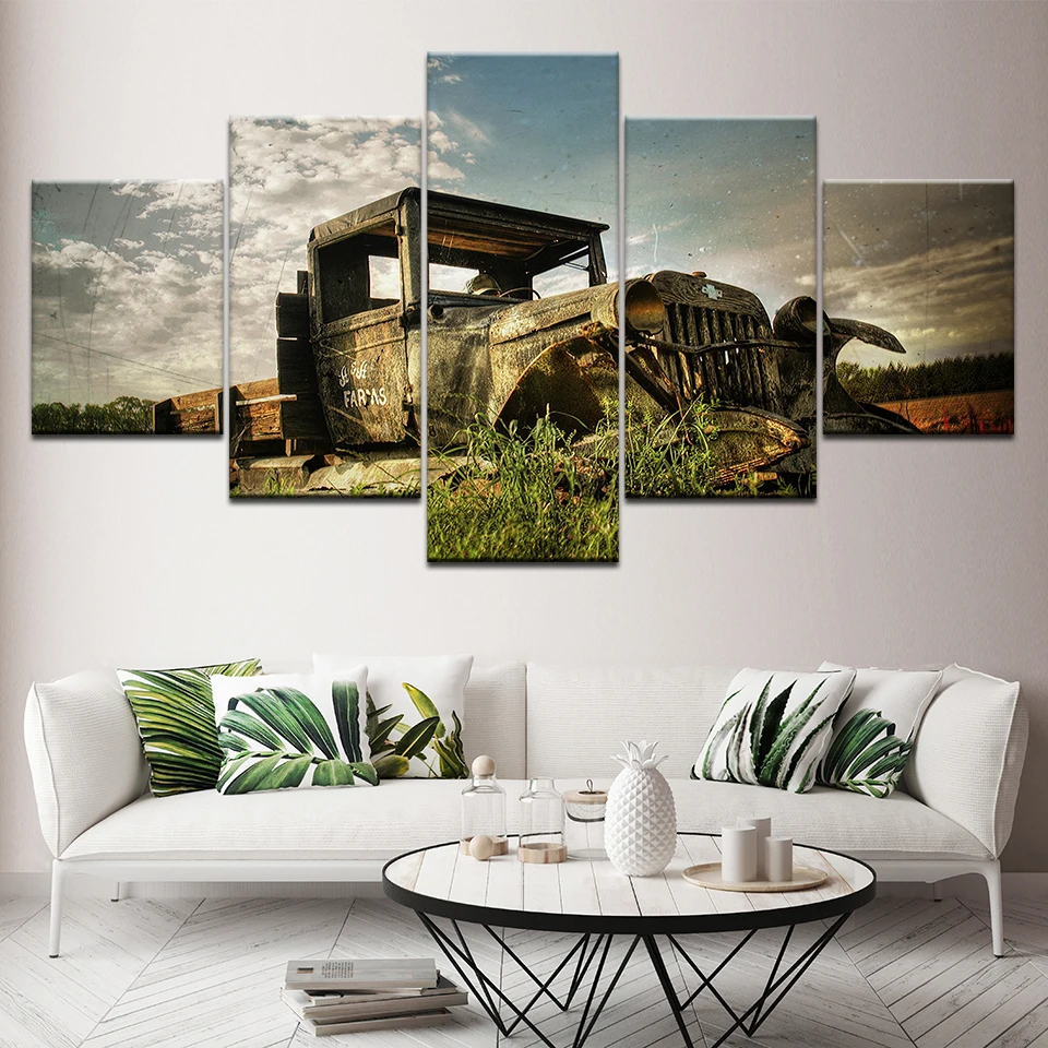 5 Panel Wall Art Old Vintage Truck On The Prairie Painting Picture Print Canvas Car For Home Modern Decor Artwork | Дом и сад