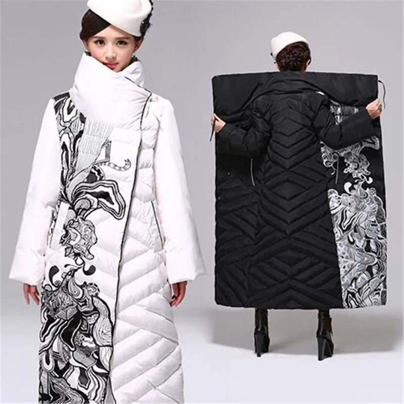 

Europe Women Winter White Duck Down Long Coat Warm Cotton Jacket Thick Fashion Print Plus size 5XL Slim Office Women Jacket 508