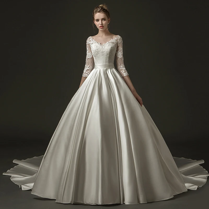 Роскошное сатиновое свадебное платье с v-образным вырезом, на шнуровке, Vestidos De Novia, с рукавами-крылышками, ТРАПЕЦИЕВИДНОЕ длинное свадебное платье,, открытая спина, свадебное платье