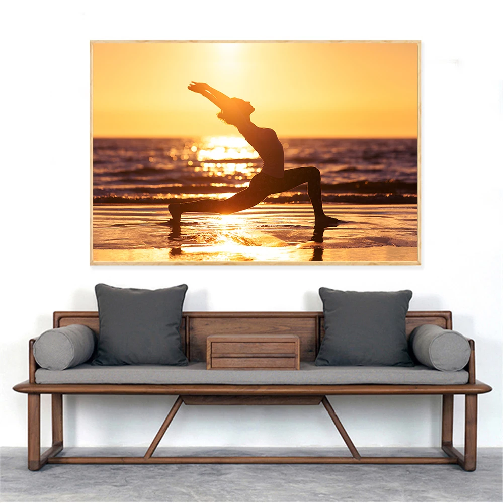 Спортивный плакат йога девушка Настенная картина для детской комнаты пляж Закат
