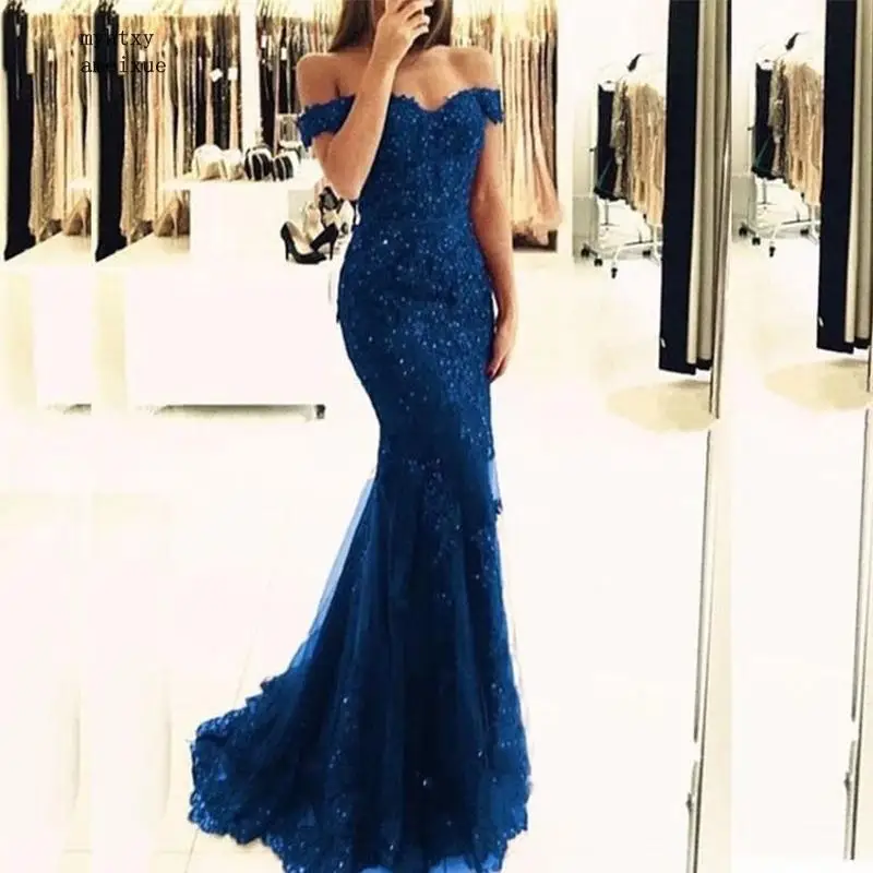 Royal Blue Evening Dresses Off The Shoulder Appliques Beaded New Formal Party Dresses Mermaid Style Sweep Train Robe De Soiree