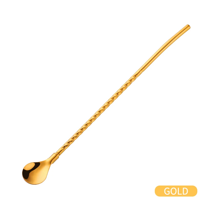 gold Многоразовая соломенная ложка из нержавеющей стали со спиральным узором для коктейлей, молока, кофе, сока, ложка для перемешивания с кистью, инструменты для бара - Цвет: gold