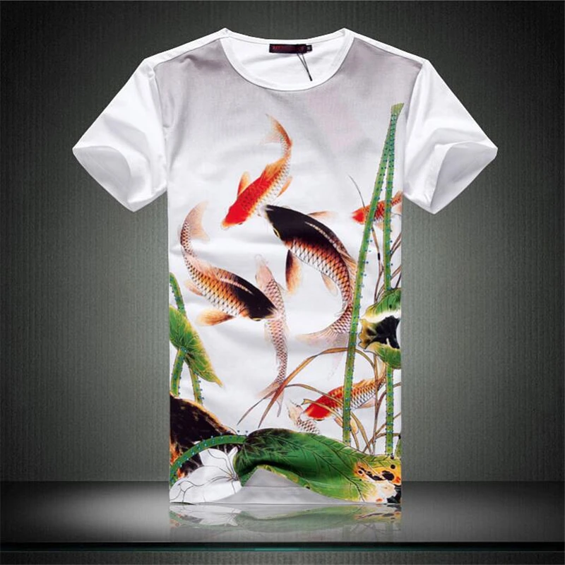 

Exquisite fish bamboo pattern 3d print rhinestone short sleeve t shirt Summer 2019 New quality cotton fashion luxury t shirt men