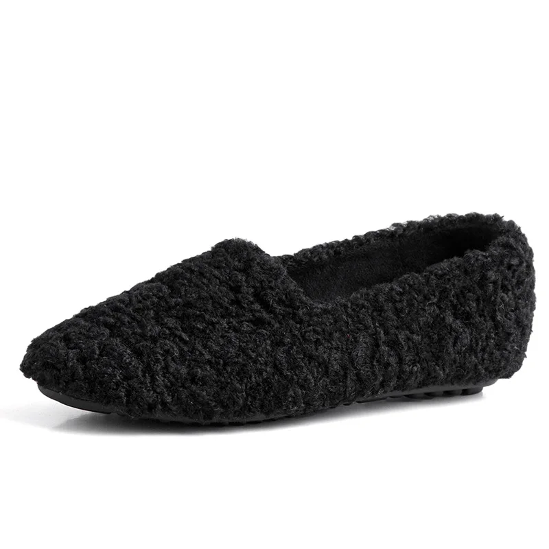 winter women real sheep fur loafers curly furry soft casual flat snow vacation non-slip cute young ladies luxury fashion shoes - Color: Black